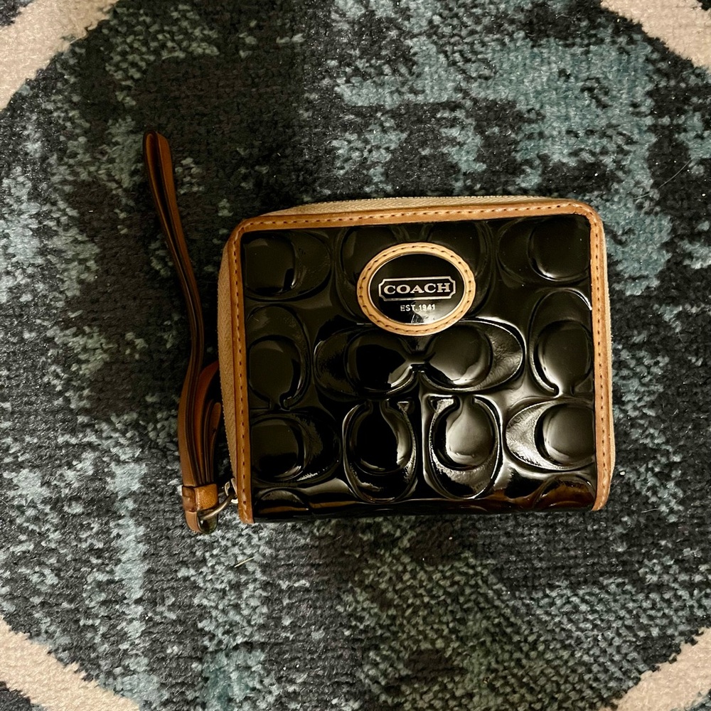 Coach Glossy Black and Tan Wristlet Wallet